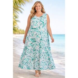 Catherines Black Label Maxi Dress Aqua Tropical Floral Coastal Resort  3X